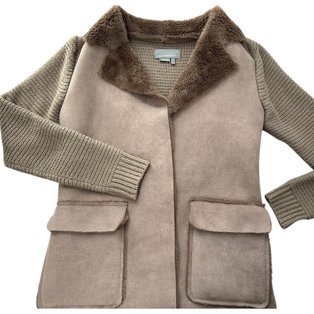 ANTHROPOLOGIE Brown Piper Sweater Coat Faux Suede & Faux Fur Trim Women's XS